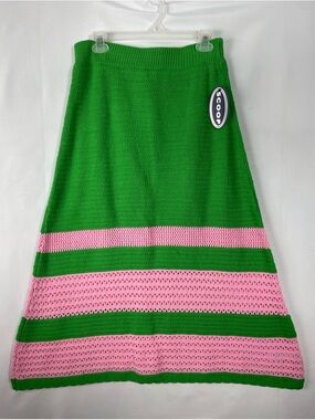 NWT Scoop Crochet Knit Skirt MIDI LG Green Pink Bold Quirky Stripe Spring Fresh